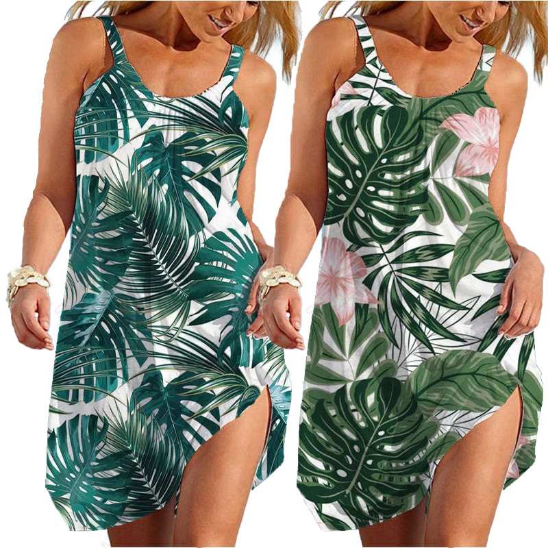 

Traf Green Leaf lPrinted 3D Beach Dress Floral Sexy Dress Strap Sleeveles Woman Sundress Vestios for Ladies Women Hawaiian