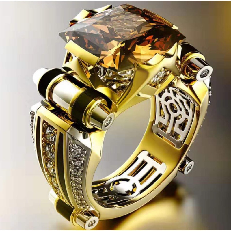 Vintage Gold Color Men Rings Trendy Square Inlaid with Champagne Black Color Stone Personalized Creativity Party Rings Jewelry