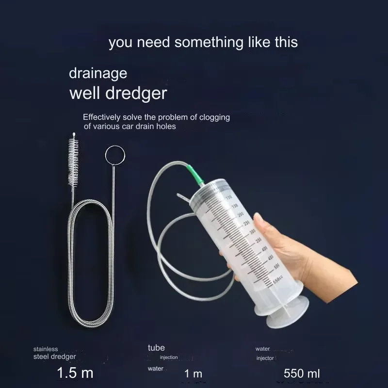 1 pair auto sunroof drain remover Flexible pipe cleaning kit Car 1.5m brush / 550ml water ejector Clean car drain hole tools set 2