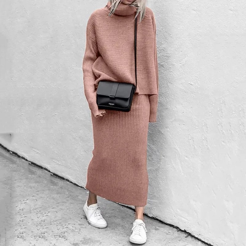 Women's Fall/winter Leisure High Knitted 2-piece Set Neck Loose Sweater +Knitted Skirt Suit Elegant and Fashionable Knitted Suit