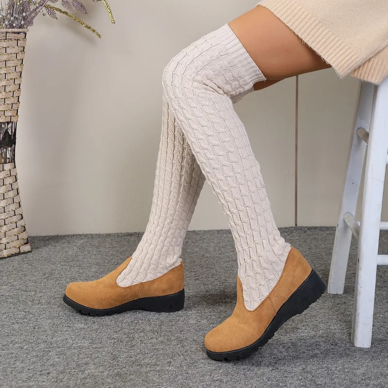 Women's Over The Knee Thigh Boots Knitted Breathable Versatile Winter 2025 Soft Sole Non-Slip Stretch Boots