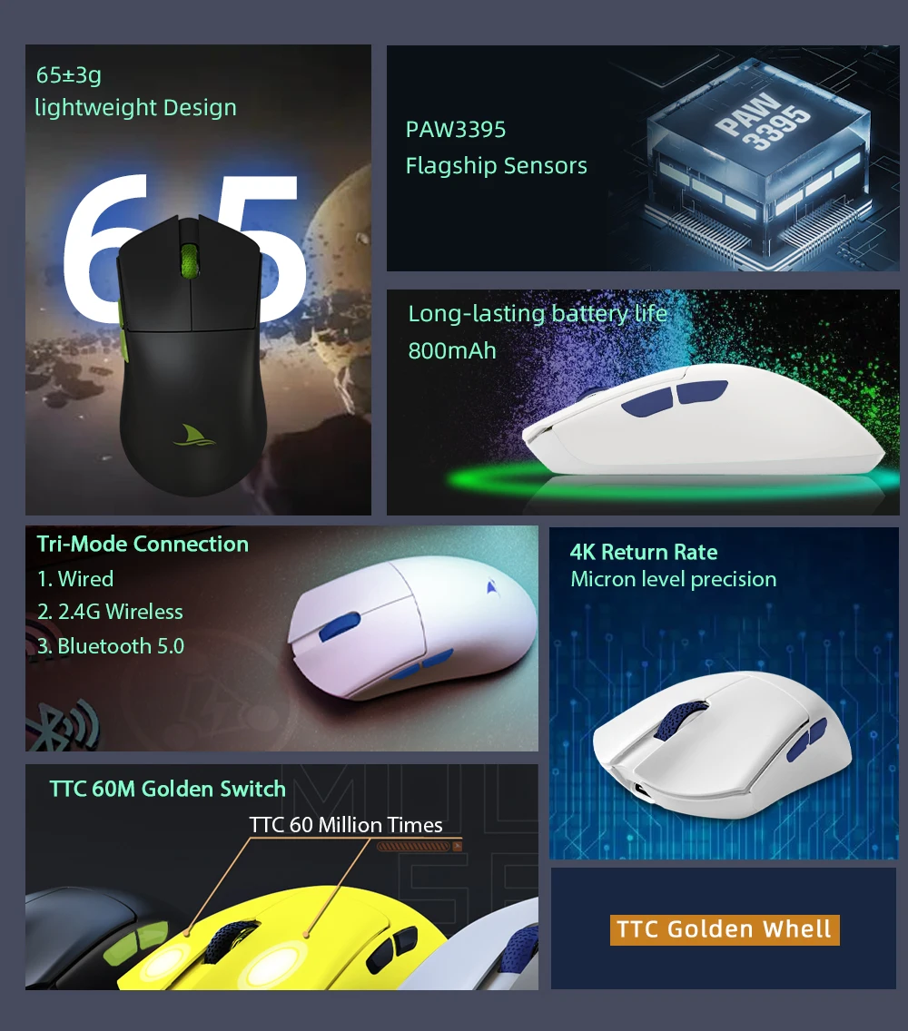 Darmoshark M3 무선 BT 트라이 모드 게이밍 마우스, 광학 E스포츠 마우스, 컴퓨터 노트북 PC용 커스텀 드라이버, 26KDPI TTC PAM3395, 4K