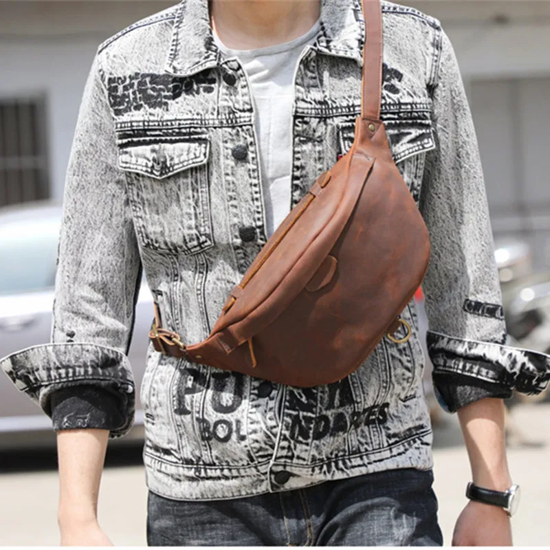 Vintage fashion high quality crazy horse leather men's chest bag simple casual daily outdoor sports real cowhide crossbody bag