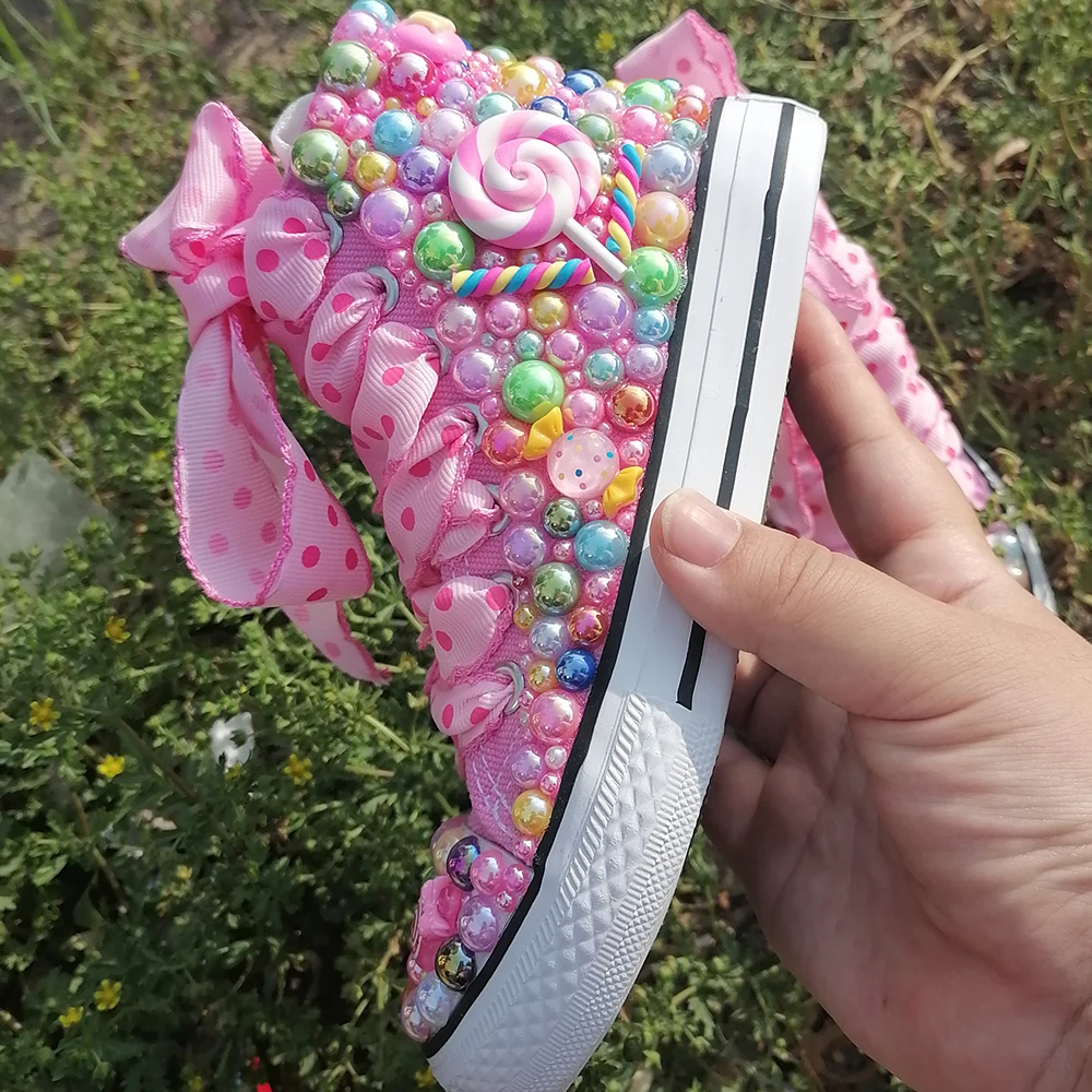 Handmade Rhinestones Bling Girls Womens Kids And Mother Candy Canvas Shoes Pearls Sneakers For Girl Birthday Party Wedding 5