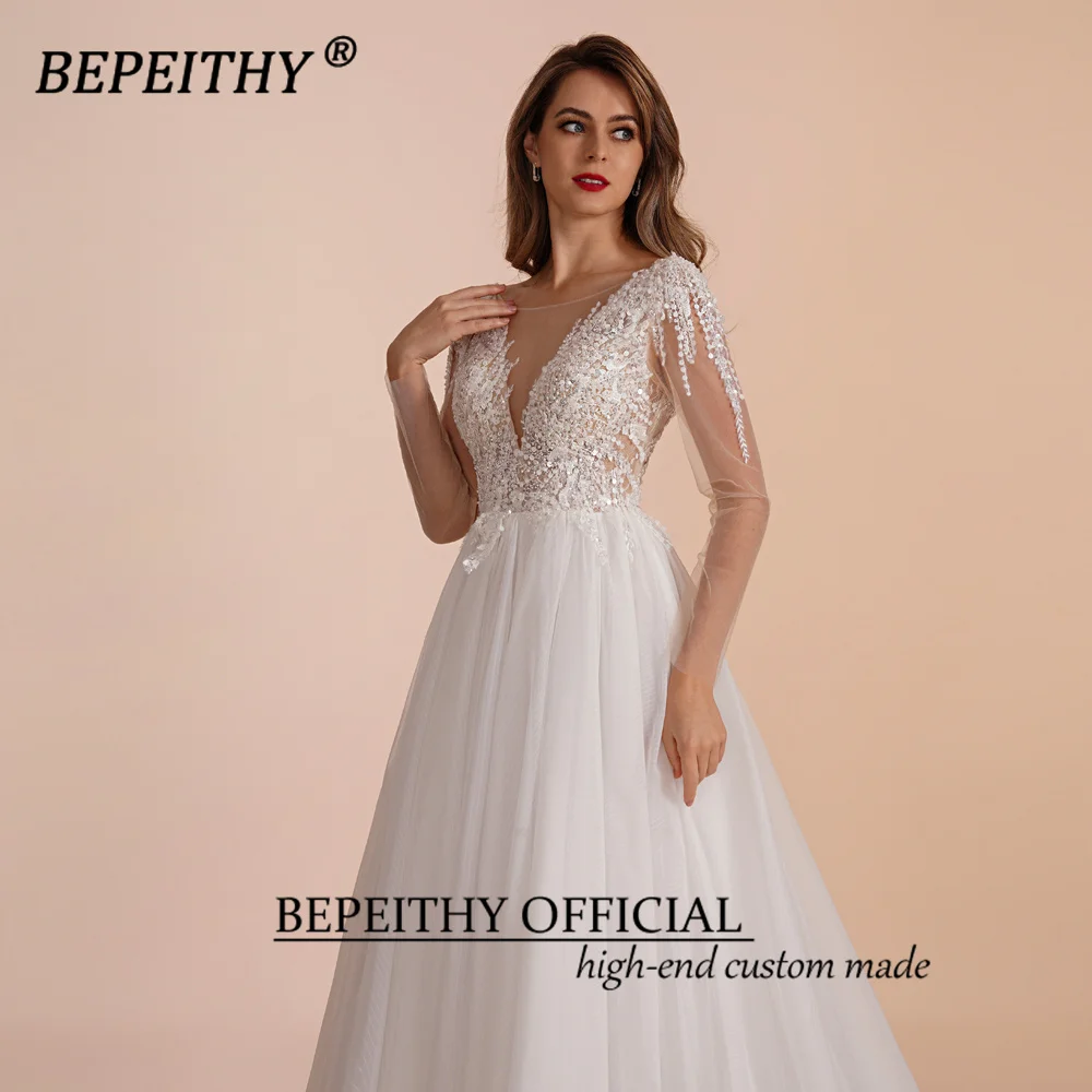 BEPEITHY Customized Scoop Long Sleeves Beading Bodice Wedding Dresses 2023 For Women Bride A Line Floor Length Bridal Party Gown 5