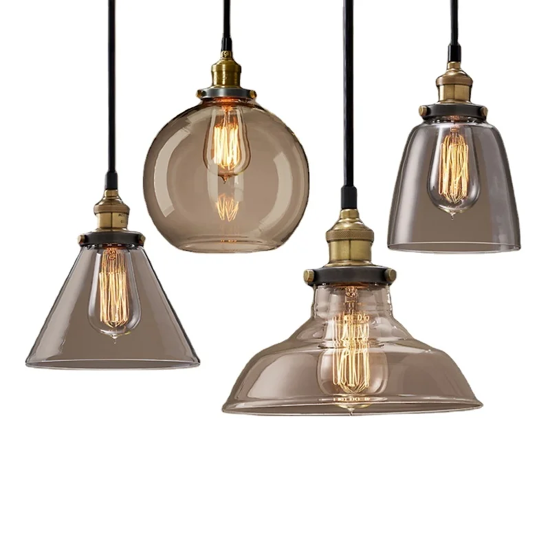 Antique Brass Brushed Smoke Gray Industrial Glass Pendant Lights Edison Rretro Fixture Ceiling
