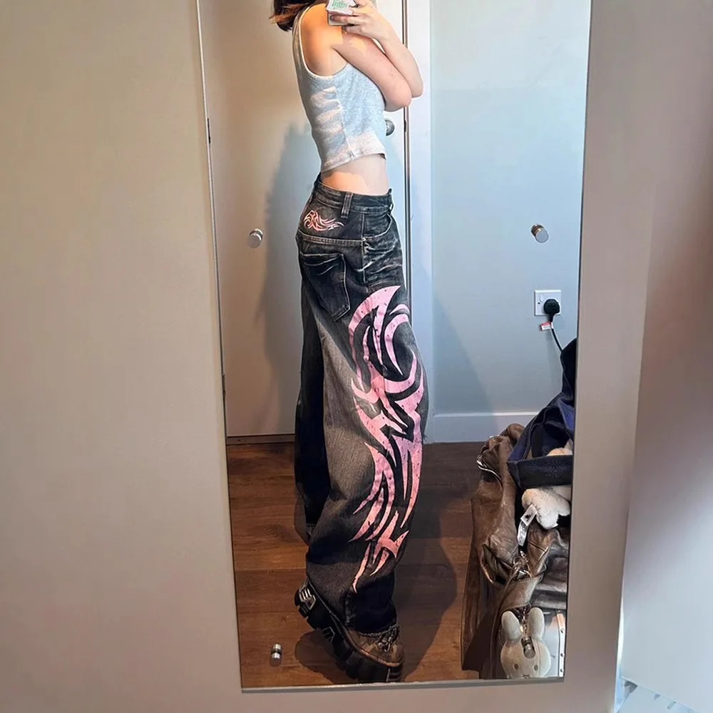 Y2K American Vintage Mottled Totem Print Baggy Jeans Women's High Waist Wide Leg Jeans Women's Trendy Hip-hop Jeans 3