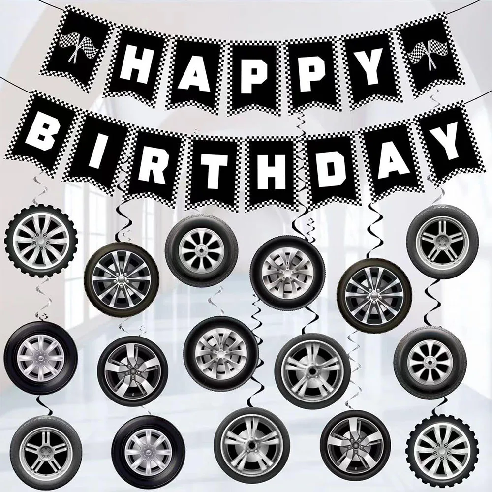 Race Car Party Hanging Decorations Wheel Tire Hanging Swirl Ornaments Racing Happy Birthday Banner Wheel Party Birthday Supplies