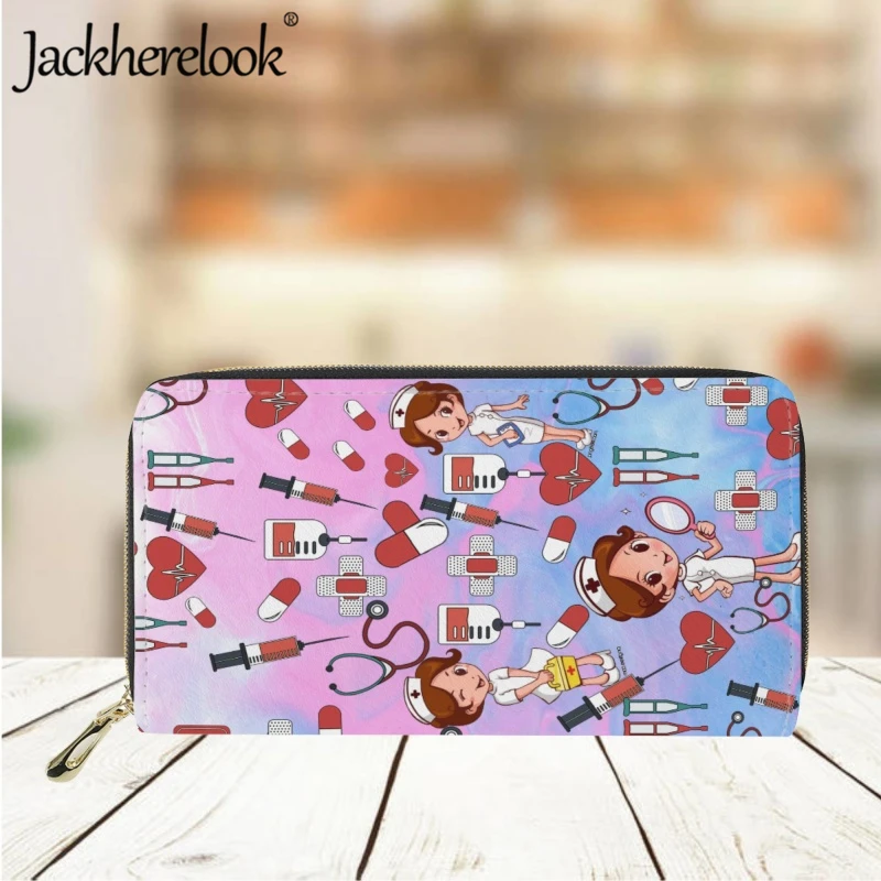 Jackherelook Women's Leather Wallet Gradient Color Nurse Medical Supplies Cartoon Pattern Print Purse Ladies Clutch Card Holder