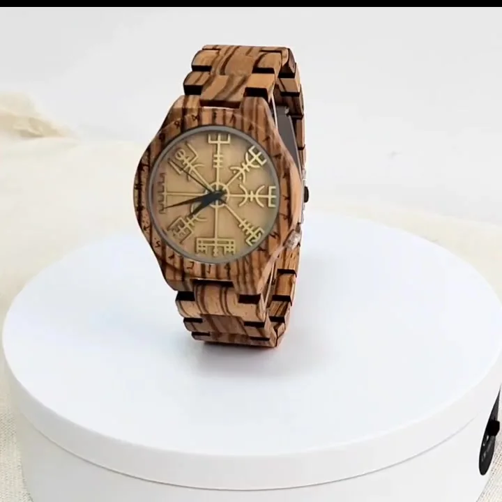 SBRTL Orologio Uomo In Legno Vikingo Con Simboli Runici – Cinturino Regolabile, Movimento Giapponese