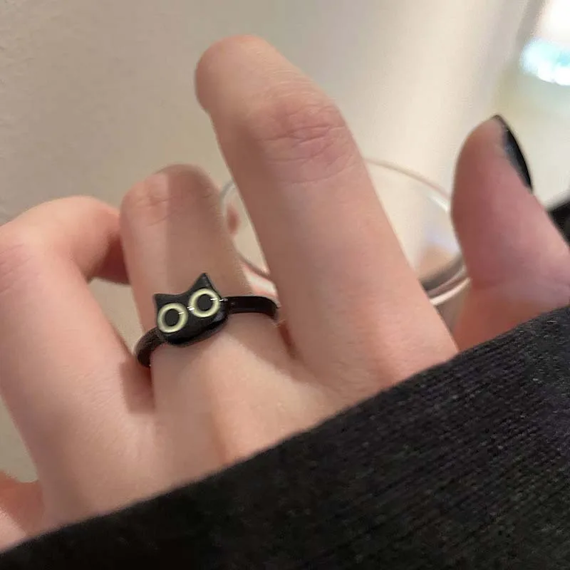 Adjustable Black Cat Ring For Women Punk Style Fashionable Accessory_voghion.com