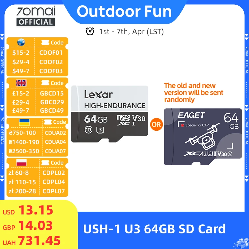 HIGH-ENDURANCE Micro SD 32GB 64GB 128GB TF Card USH-3 for 70mai 4K Dash Cam A810 A800SE A800S A510 A500S M310 S500 EAGET Card