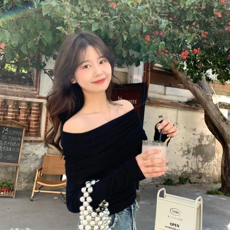 

Casual Simple Knitwear Women's Pullover Blouse Fashion Versatile Base Shirt Slim Tops 2024 New Spring Plus Size Slash Neck Coat