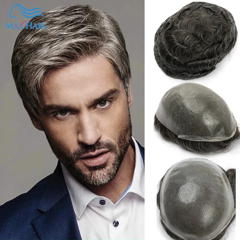 

Maxhair Toupee Hair Wigs For Men Double Knotted Skin PU Base 100% Remy Human Hair Replacement Single Split Knot Toupee