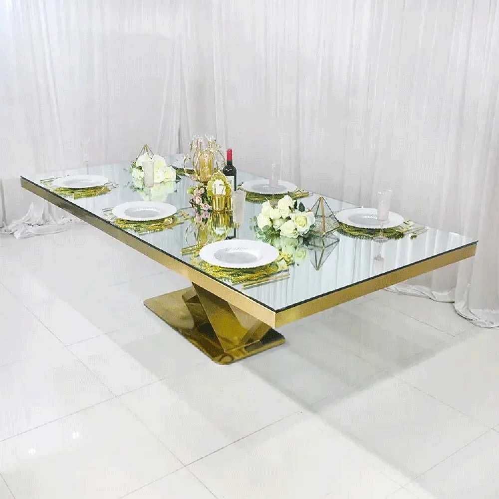 

modern design mirror glass top stainless steel frame wedding party gold hotel dining table