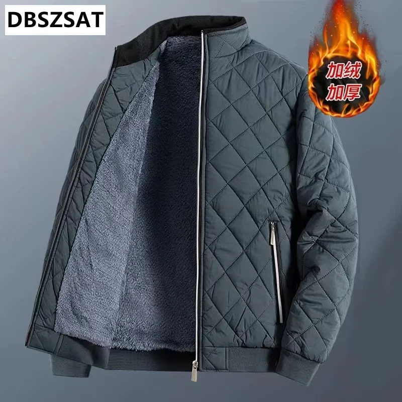 Men Bomber Jacket Diamond Pattern Fleece Lined Casual Outwear Thermal Warm Coats