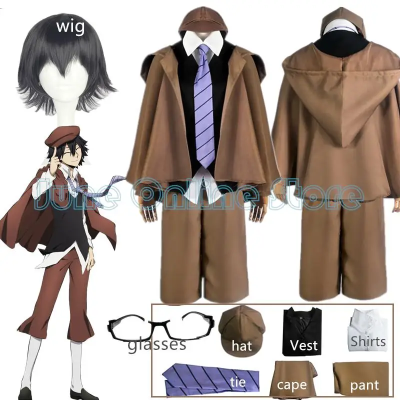 

Ranpo Edogawa Cosplay Costume Wig Anime Bungo Stray Dogs Season 4 Hunting Dog Cloak Hat Glove Jacket Pants Tie Black Short Hair