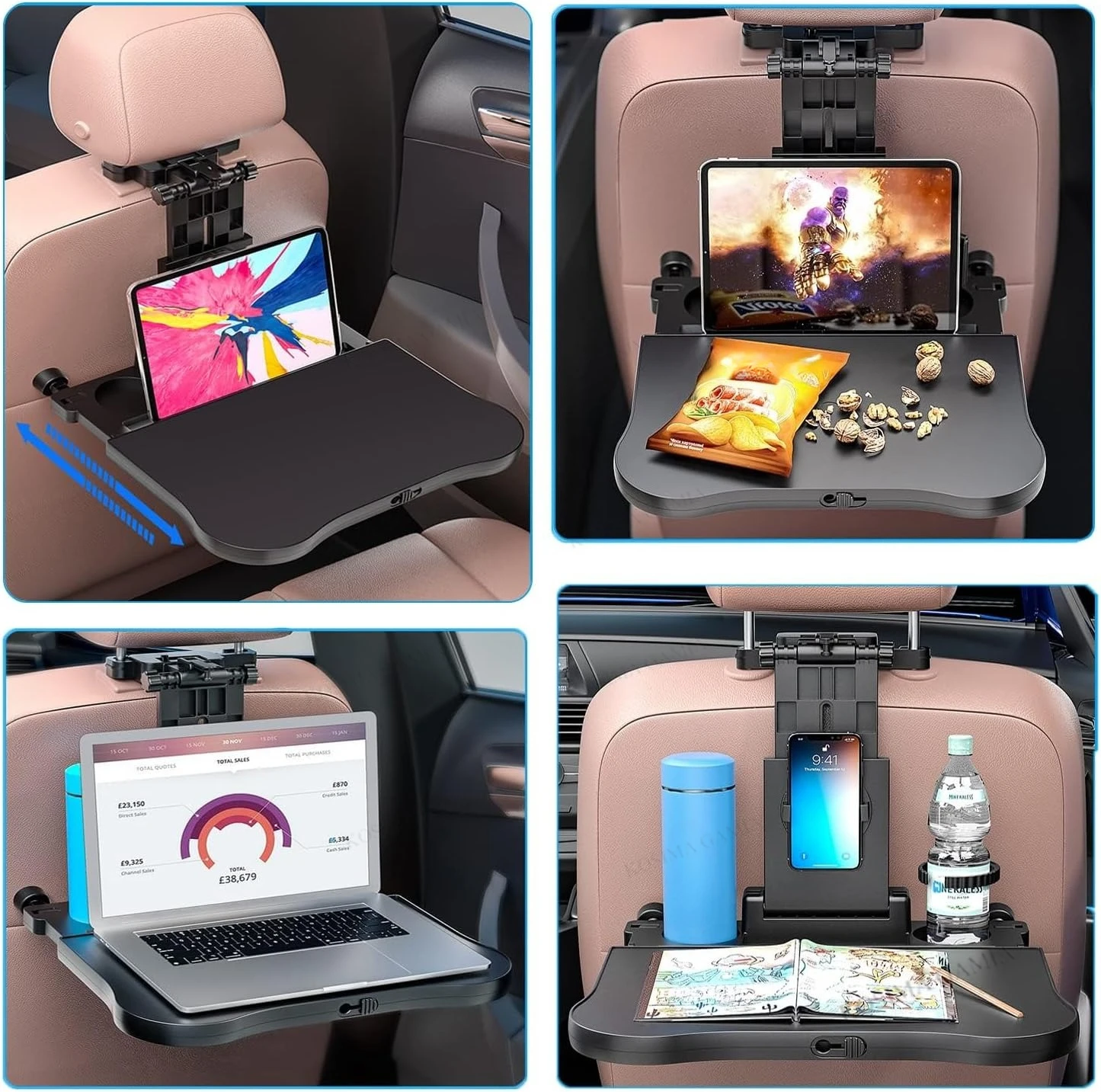 Tavolino da Viaggio per Auto Multifunzionale, Tavolo Regolabile per Sedile Posteriore, Vassoio da Viaggio con Porta Cellulare e Portabicchieri, Accessori Interni - Image 3