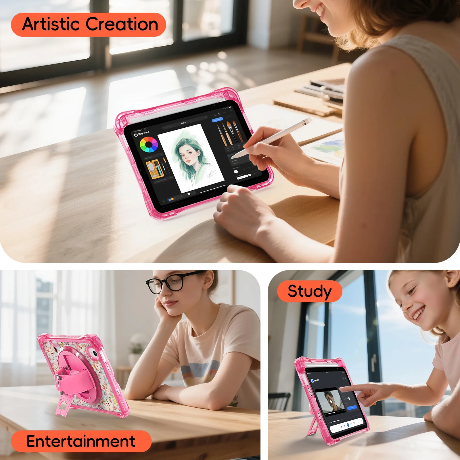 Shockproof Transparent Cartoon Tablet Case with Back Strap and Hand Stand