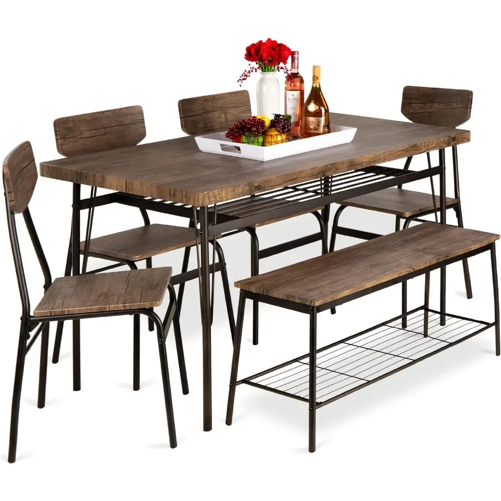 

Dining Table 6-Piece 55in Modern Dining Set Home, Kitchen, Dining Room w/Storage Racks, Rectangular Table, Bench, 4 Chairs
