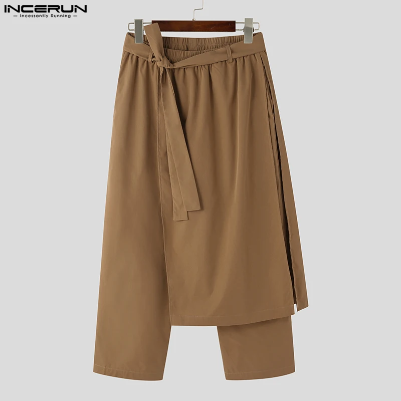 Men Irregular Pants Solid Color Lace Up Casual Trousers Loose Joggers Streetwear Leisure