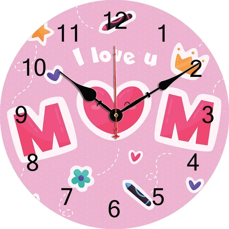 

I Love You, Mom. Wall Clock Round Silent Clocks Wall Mounted Carfts Art Decor For Home Bedroom Living Room Office Decoration