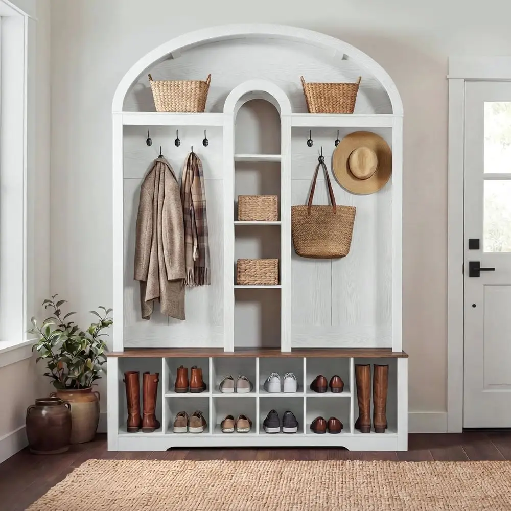 59" W Hall Tree with Shoe Storage, Arched Entryway Bench with Coat Rack, 10 Shoe Cubbies Shelves & 10 Coat Hooks, Shoe Storage B