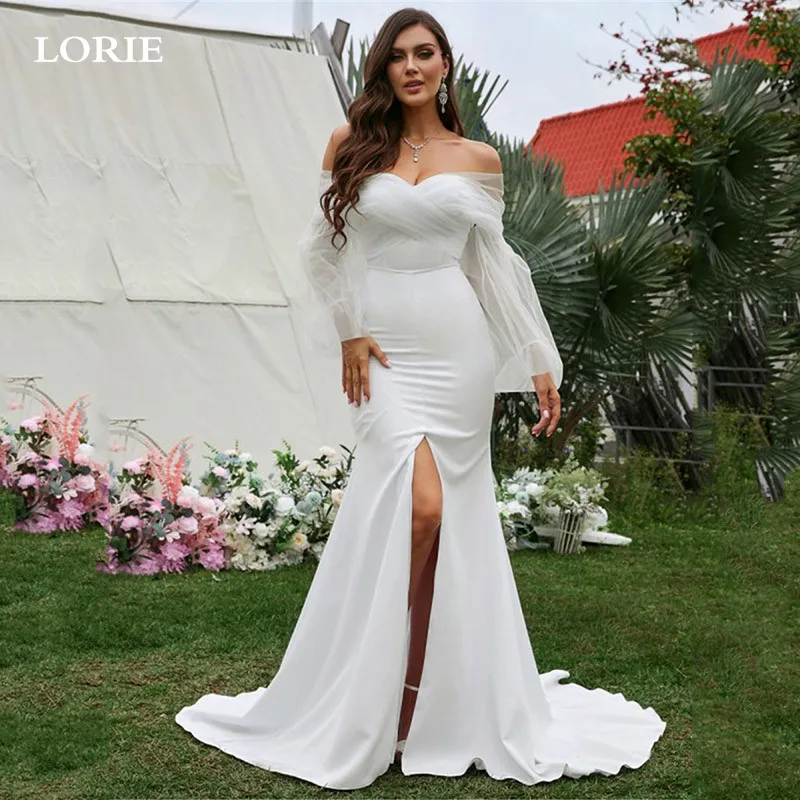 

LORIE Matee Satin Mermaid Wedding Dresses Puff Long Skleeve Bride Dress Off The Shoulder Side Split Wedding Gowns 2024