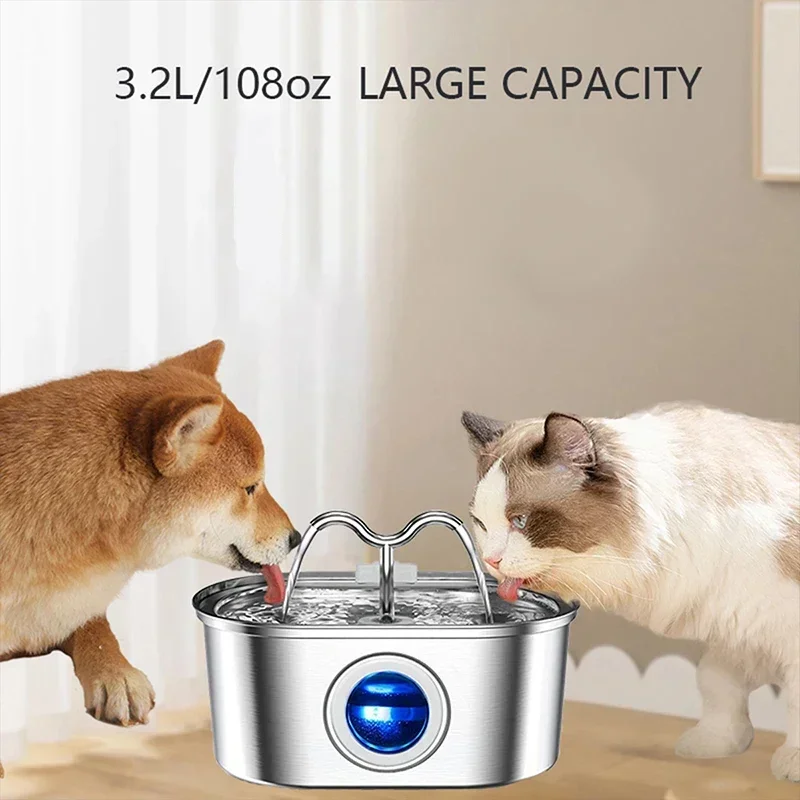 

Fountain，stainless Fountain Light Dog With Pump 108oz/3.2l Automatic Dispenser Silent Steel Cat for Water LED Pets