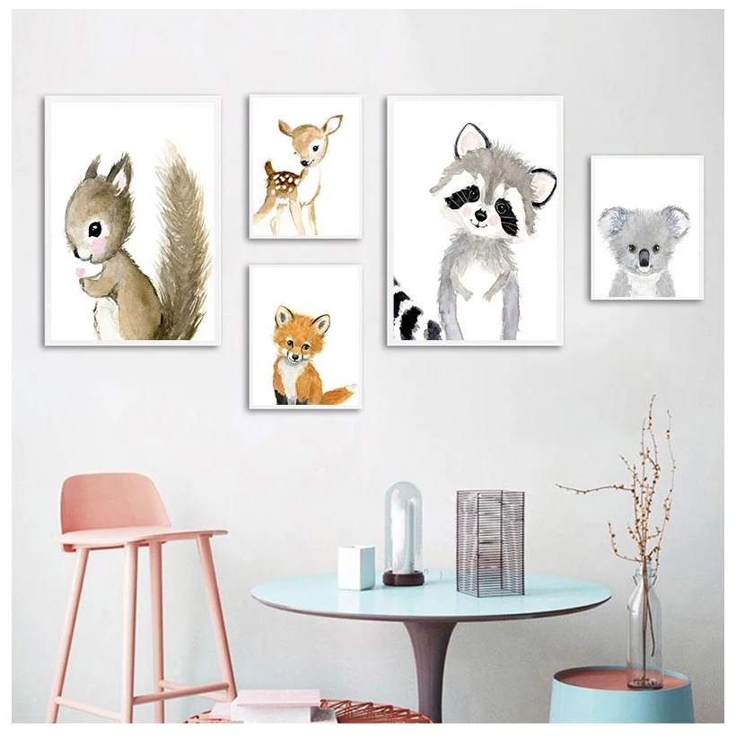 

Cartoon Fox Koala Deer Rabbit Squirrel Nordic Posters And Prints Wall Art Print Canvas Painting Nursery Wall Pictures Kids Room