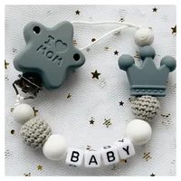 Attache-sucette avec nom personnalisé, chaîne en bois de hêtre faite à la main, support de couronne en Silicone, sucette, jouet de dentition pour bébé, cadeau à mâcher, nouvelle collection 6