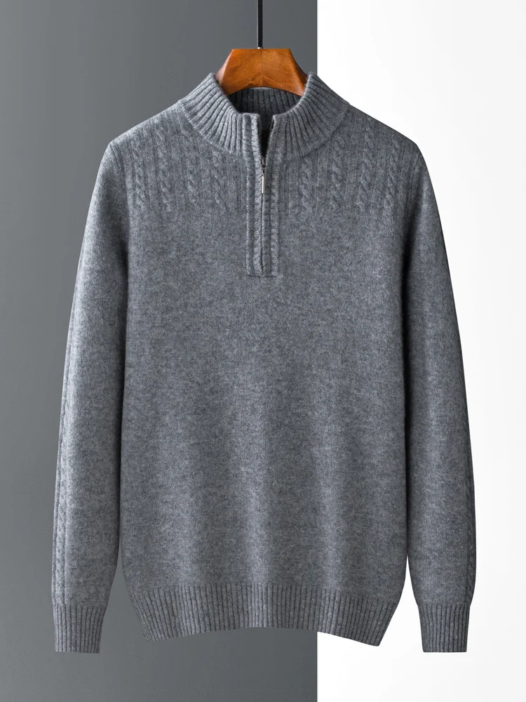 Autumn Winter Men's Clothing Zipper Half High Neck Pullover 100% Pure Cashmere Knitwear Sweater Twist Thick Tops New Feshion