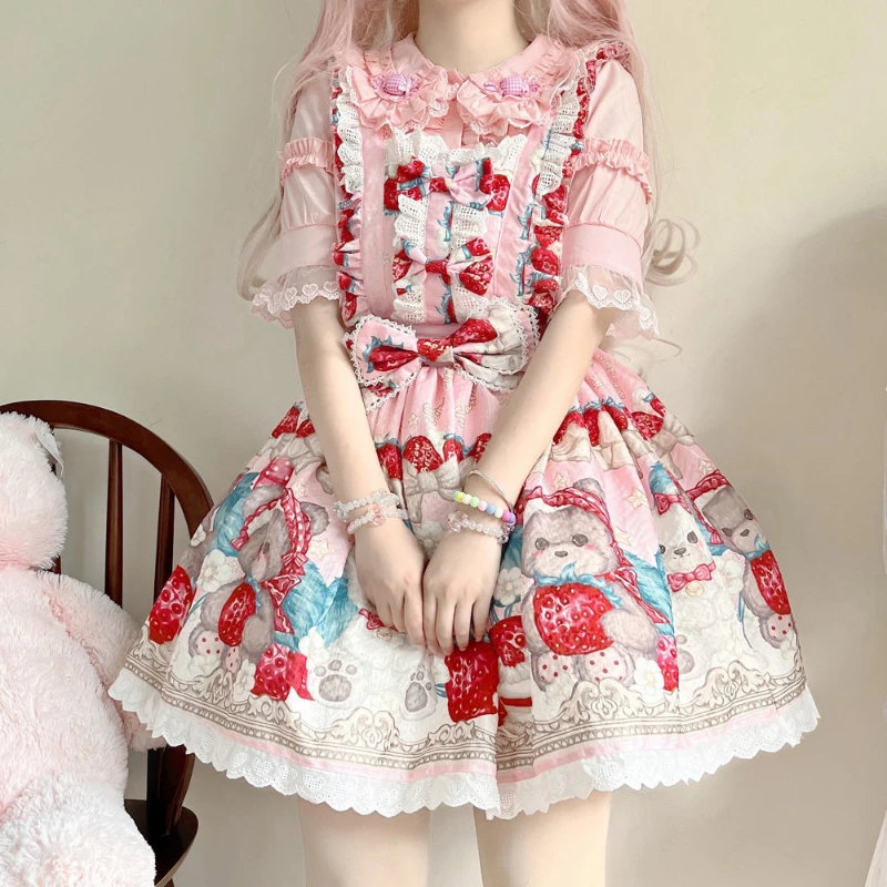Japan Kawaii Lolita Jsk Dress women sweet Bear strawberry Print Lace Strap Dresses Girl Harajuku Princess Holiday Party Vestidos lolita dress lolita suspender dress lolita cosplay costumes suspender dress lolita skirt lolita blouses