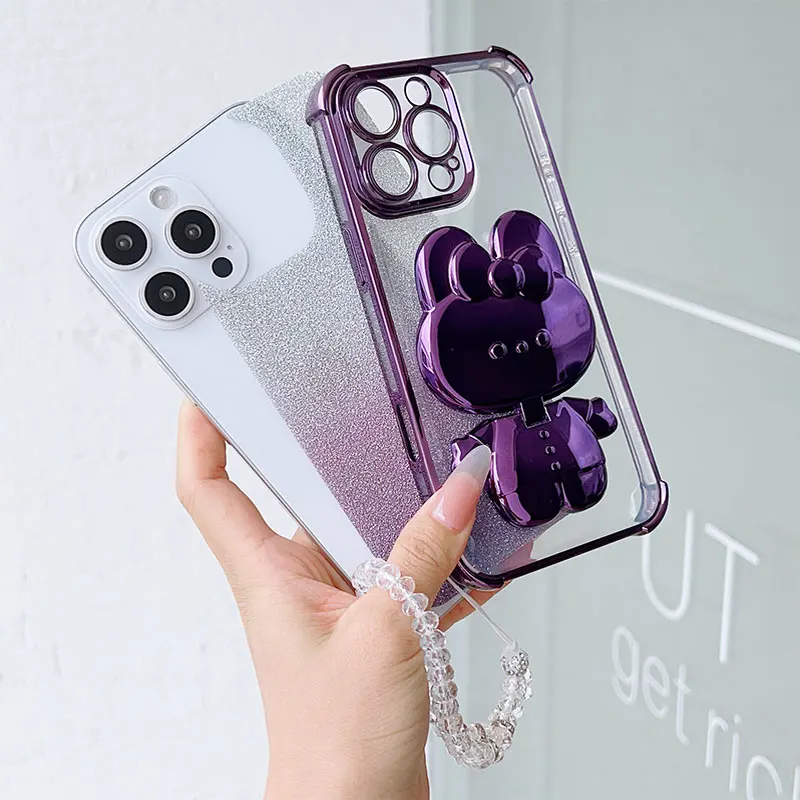 Luxury Shockproof Phone Case with Cute Rabbit Makeup Swivel Stand & Crystal Lanyard