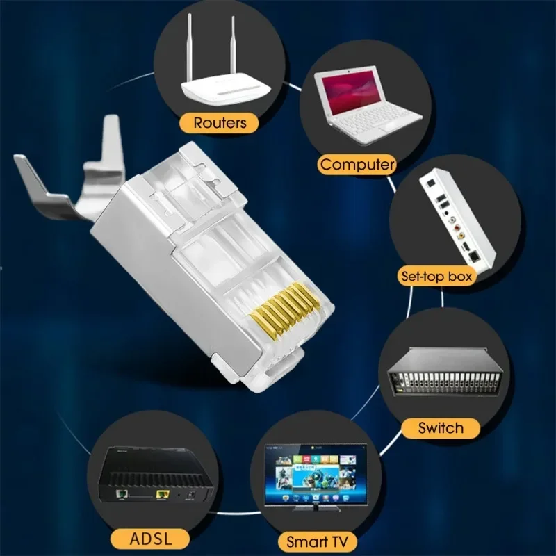 RJ45 Cat 7 Cat 6 Connectors Shielded CAT 5 8P8C Modular Network Pass Through Plug Gold Plated Cear Crystal Head Ethernet Plugs