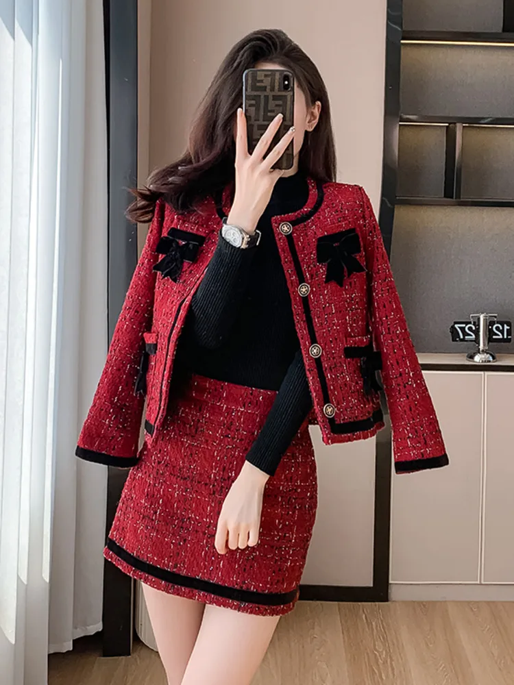 

High Quality Sweet Fashion Small Fragrance Tweed Two Piece Set For Women Woolen Jacket Coat + Skirt 2 Piece Sets Women Outfit