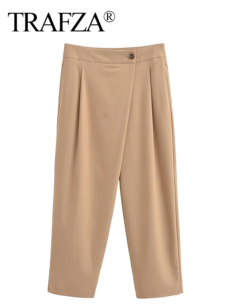 

TRAFZA Female High-waist Zipper Buttons Straight Leg Pants Streetwear Fashion Woman Vintage Chic Crossover Pleated Pants