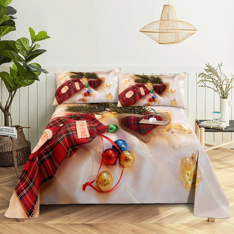 Parure de lit joyeux noël avec taie d'oreiller, impression 3D, père noël, décoration de maison, nouvel an, King, Queen, drap plat rouge pleine taille