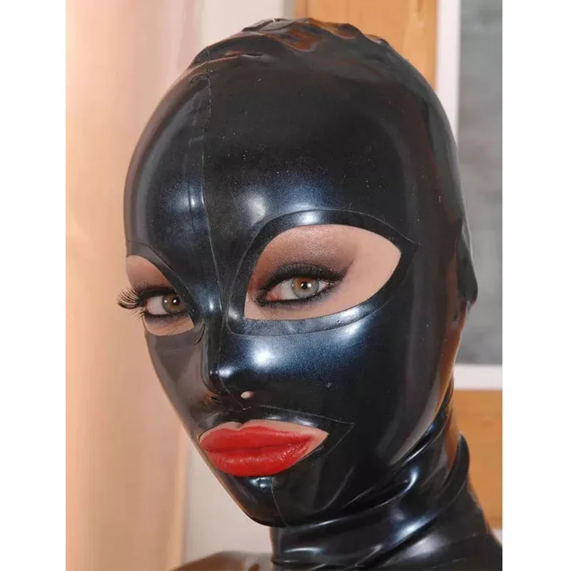 

Sexy Black Full Face Latex Hood Rubber Mask Fetish Open Eyes Mouth with Back Zipper for Men Women Halloween Cosplay Costumes