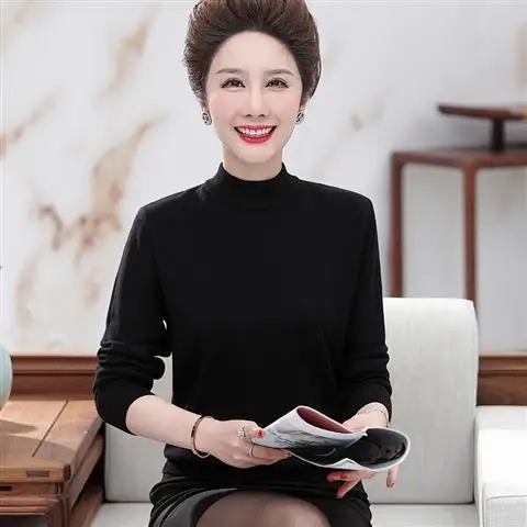 

Sweater Middle and Elder Age Women's Half-Neck Pullover Loose Knit Bottoming Shirt Autumn Winter Long Sleeves Threaded Tops A103