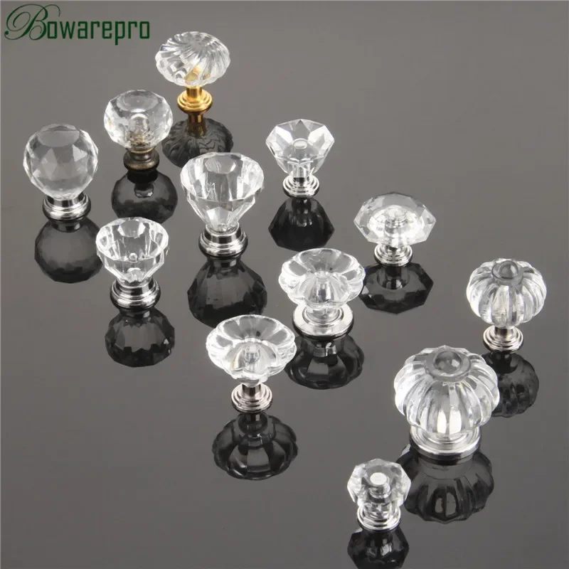 Diamond Clear Crystal Glass Transparent Acrylic Door Knob Furniture Cupboard Pulls Drawer Knobs Kitchen Cabinet Handle and Screw furniture knobs