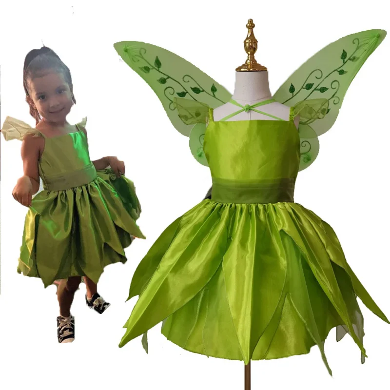 Christmas Fairy Tinkerbell Dress For Girls Green Flower Elves Kids Cosplay Princess Ball Gown Halloween Fancy Dress Up Costumes