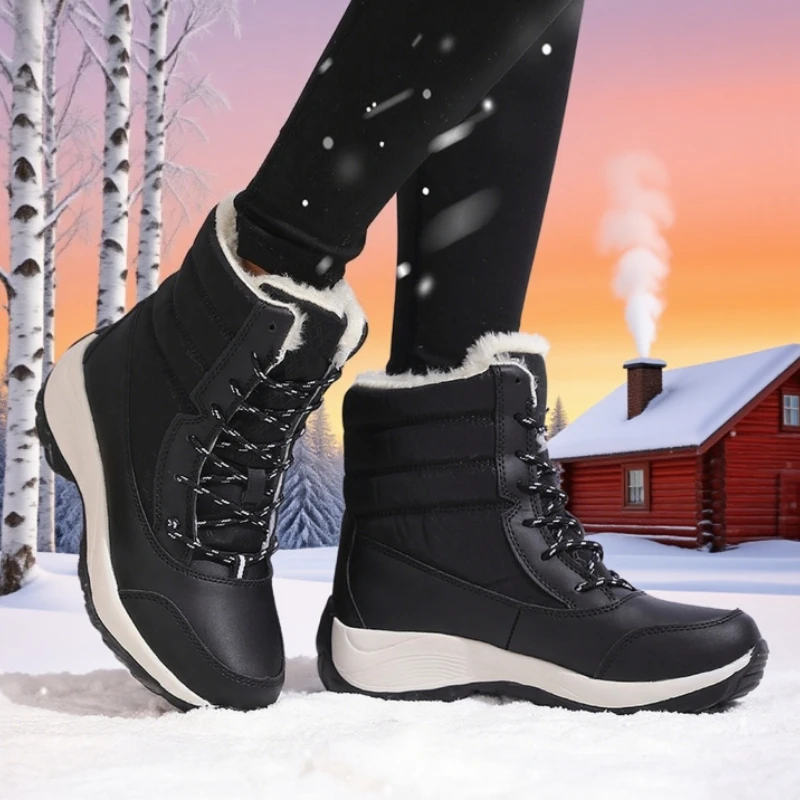 2025 Winter Snow Boots for Women Warm Fur Lined Waterproof Non Slip Mid Calf Boots Fashion Outdoor Skiing Walking Shoe for Women