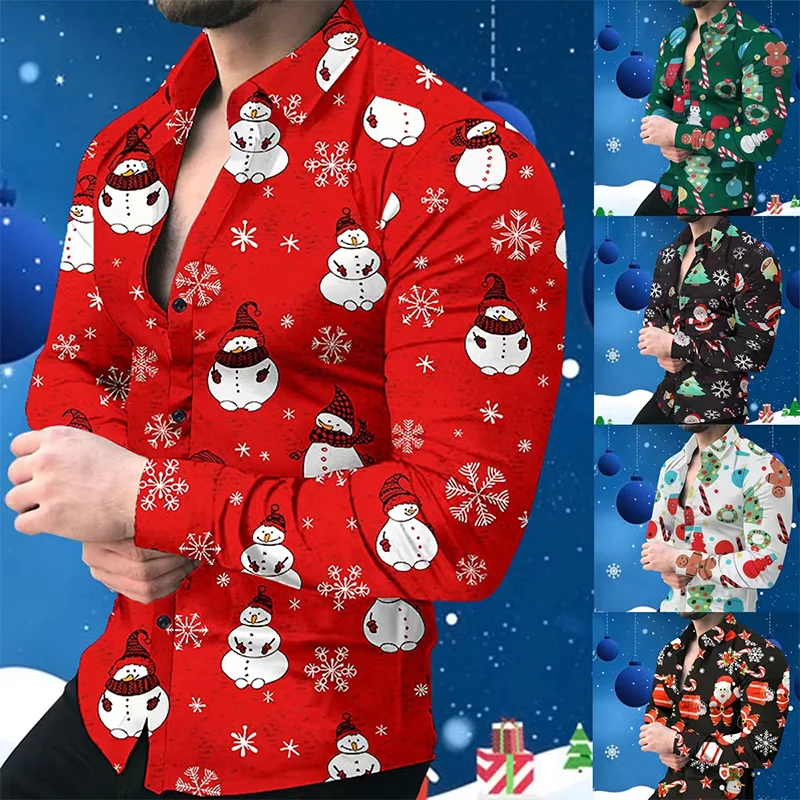 

Men's Shirt Santa Claus Snowman Gingerbread Man Shirt Men's Top 3D Printed Holiday Clothing Winter Christmas Men's Long Sleeves