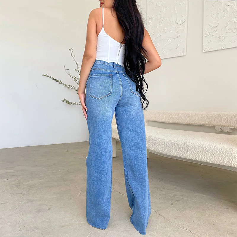 Women Jeans Wide Leg Pants Denim High Waist Zipper Fly Washing Holes Pockets High Street Ankle Length Flash Spring 2024 2