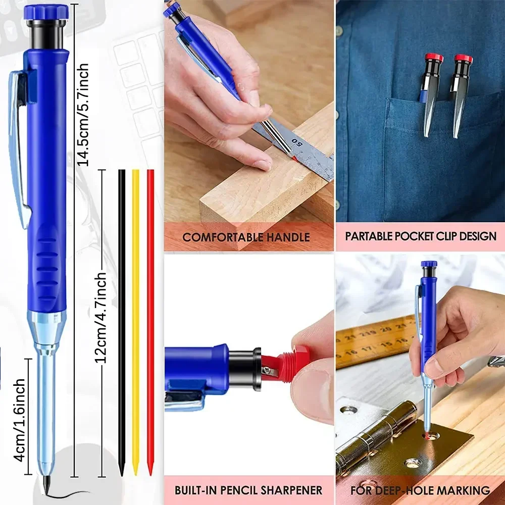 Solid Carpenter Pencils with 9Pcs 2.8mm Refills Deep Hole Mechanical Pencil Marker Construction Pencils with Built in Sharpener 2