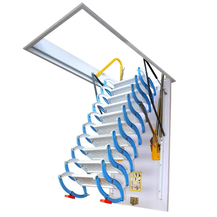 מדרגות טלסקופיות מדרגות טלסקופיות לבית מונחות על הקיר מדרגות מתקפלות עם מוט יד