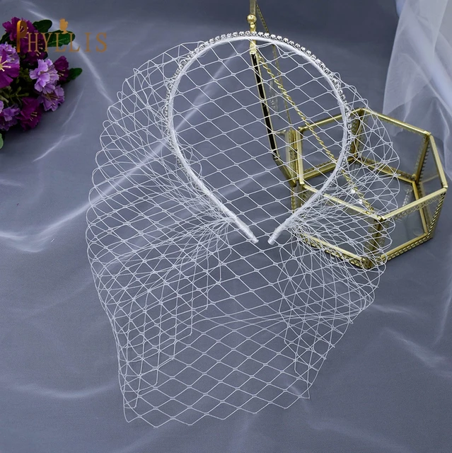 JM06 Rhinestone Women's Fascinating Veil Retro Charming Hat Bridal Veil with Headhoop Birdcage Wedding Women’s Fascinator Veil JM21-White