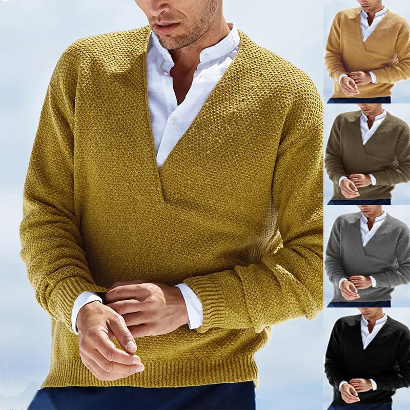 

2022 Spring Autumn New Men Knitted Sweater Solid Color V-neck Long-sleeved British Style Fashion Casual Male Pullover Plus Size