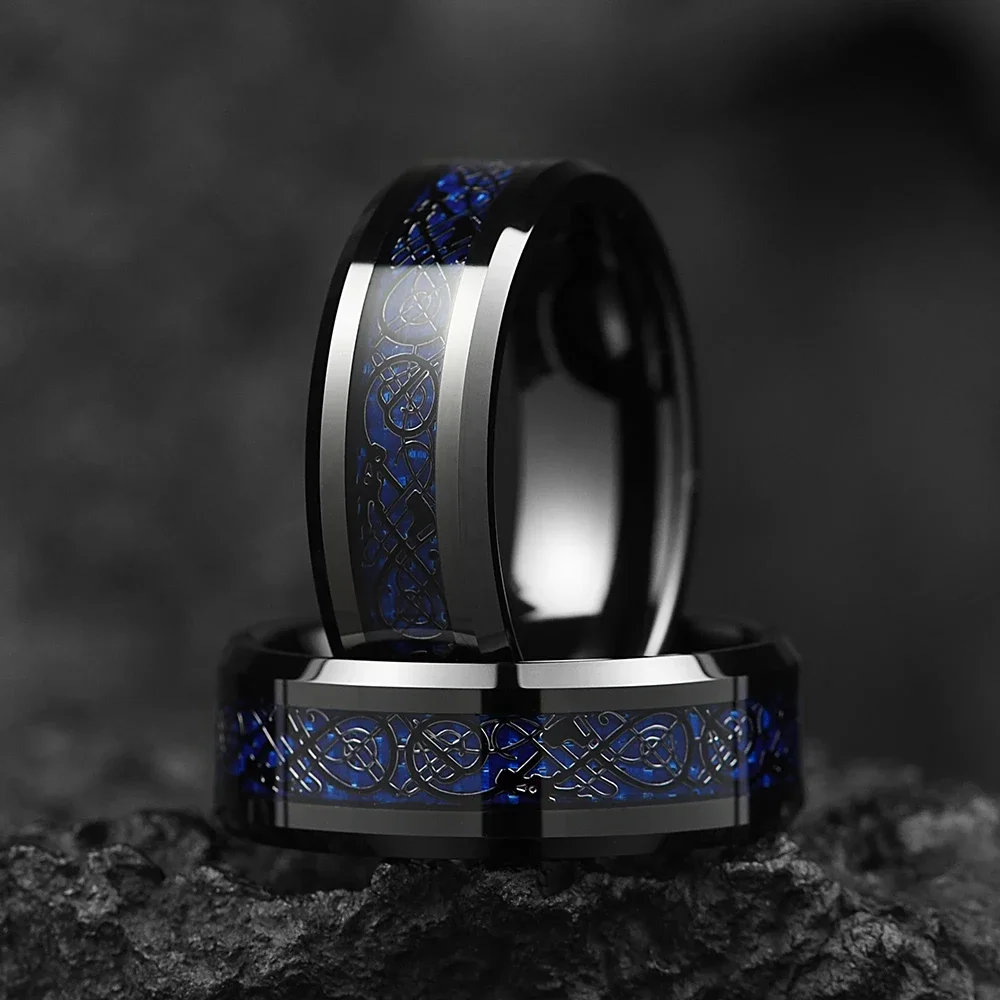 Mode Männer Inlay Blau Carbon Faser Edelstahl Ringe 8MM Keltischen Drachen Stahl Ringe für Männer Hochzeit Schmuck Drop verschiffen